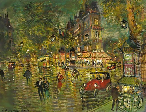 Paris Street Scene With Tram And Red Car Oil Painting - Konstantin Alexeievitch Korovin