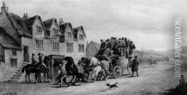 The London To Bath Stage Coach Passing The Fox Inn Oil Painting - John Charles Maggs