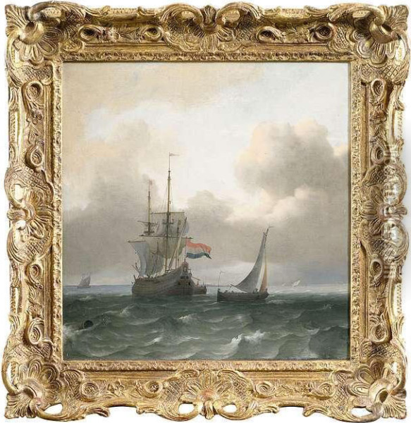 Niederlandische Handelsschiffe In Bewegter See Unter Bewolktem Himmel Oil Painting - Ludolf Backhuysen