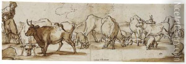 Cows And Sheep Grazing Oil Painting - Pieter van Bloemen