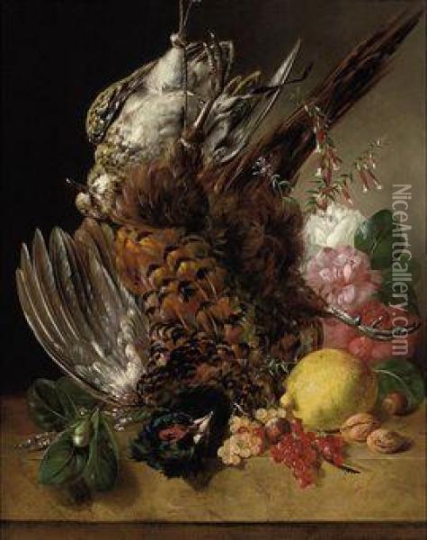 Game, Roses, A Lemon, Walnuts On A Ledge Oil Painting - Francois-Joseph Huygens