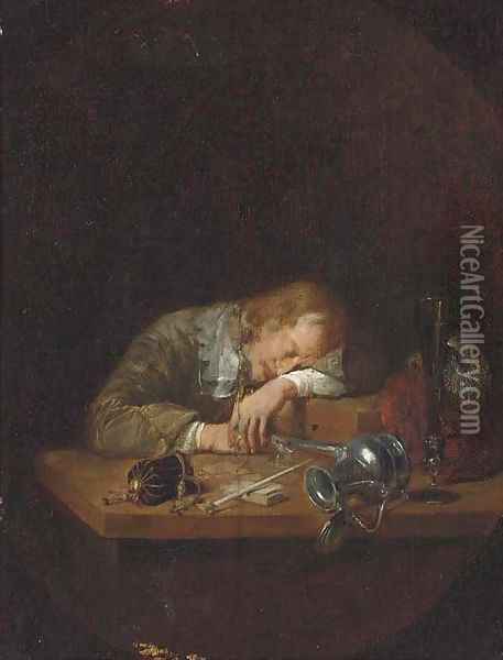 A man asleep on a table Oil Painting - Arie de Vois