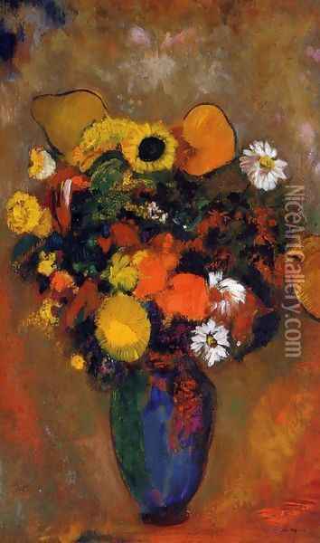 Flowers in a Green Vase Oil Painting - Odilon Redon