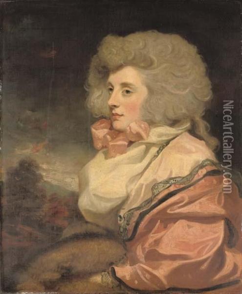 Portrait Of A Lady, Half-length,
 Seated In A Pink Dress, White Scarf And Pink Neck-tie, With A Fur Muff,
 In A Landscape Oil Painting - John Hoppner