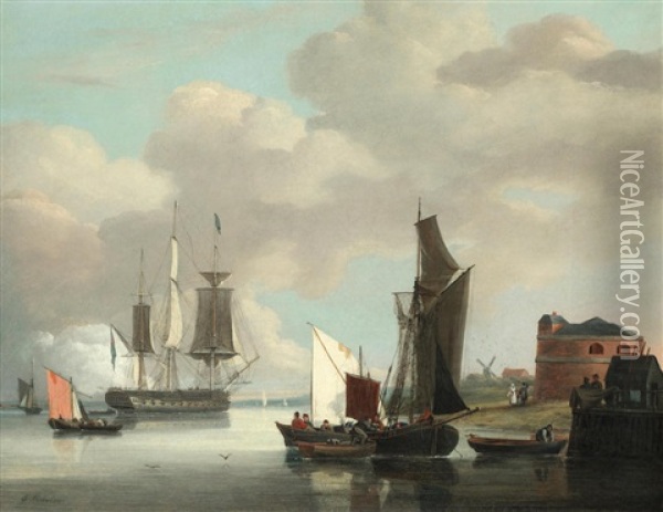 Dutch Fishing Boats And An English Man-o'-war In An Estuary Oil Painting - George Webster