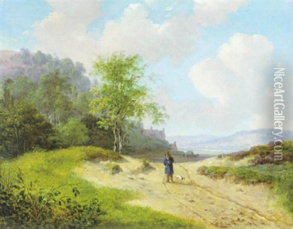 Reiziger Met Hond In Uitgestrekt Landschap (maasvallei) Oil Painting - Andreas Schelfhout