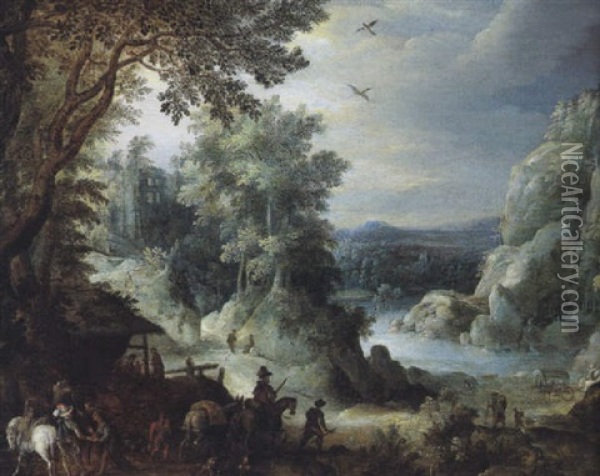 Bewaldete Fluslandschaft Mit Reitern Zigeunerin Oil Painting - Paul Bril
