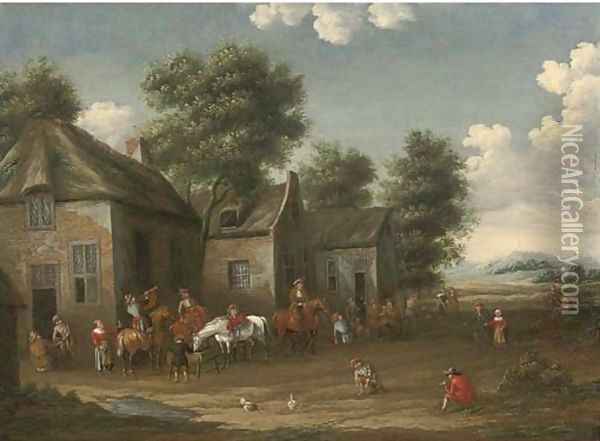 A wooded landscape with a hunting party setting out from an inn Oil Painting - Barent Gael