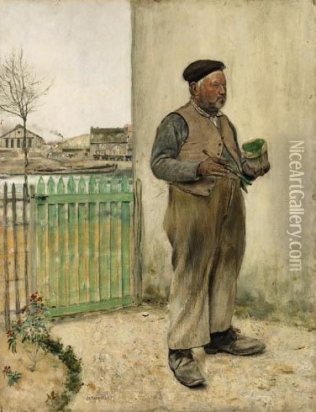 Bonhomme Venant De Peindre Sa Barrire (man Having Just Painted Hisfence) Oil Painting - Jean-Francois Raffaelli