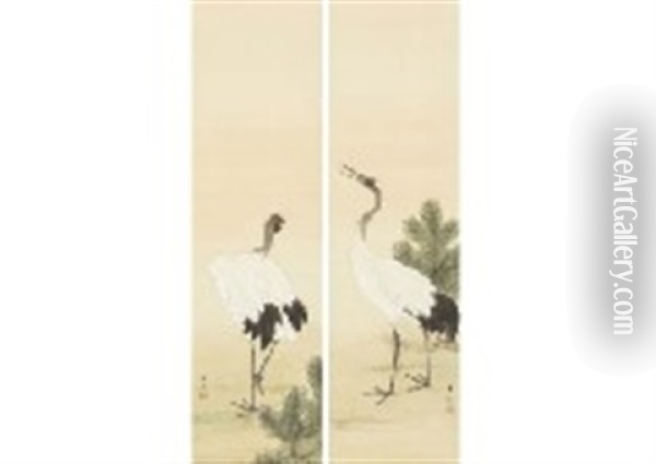 Two Cranes (a Pair Of Scrolls) Oil Painting - Shuho Ikegami