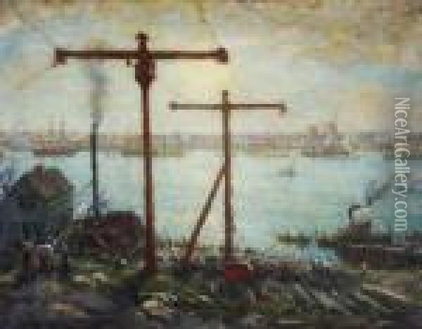 New London From The Groton Shipyard Oil Painting - Henry Ward Ranger