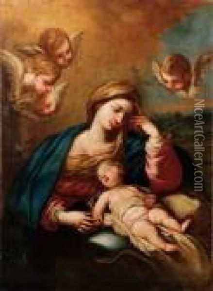 Madonna Bimbo E Angioli Oil Painting - Luca Giordano