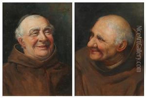 A Pair Of Portraits Of Smiling Monks Oil Painting - Claude Pratt