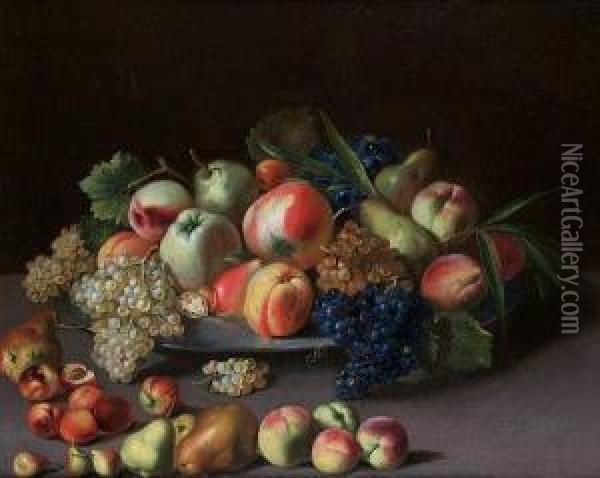 Apples, Pears, Grapes And Peaches On A Pewter Dish On A Table Top Oil Painting - Pieter Van Boucle