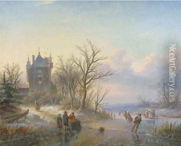 A sunny winter's day with skaters by a castle Oil Painting - Jan Jacob Spohler