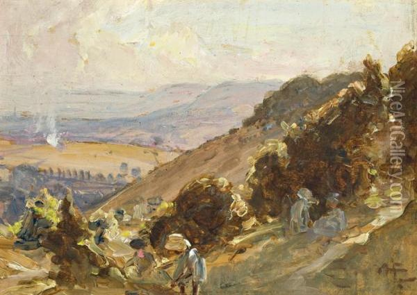Figures On A Hillside Oil Painting - Albert Henry Fullwood
