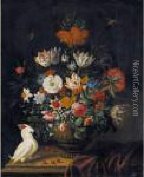 Still Life Of Flowers Including 
Irises, Roses, A Crown Imperial Lily, Marigolds And Parrot Tulips, In A 
Sculpted Stone Vase, With A Cockatoo And Dragonflies Oil Painting - Jacob Marrel