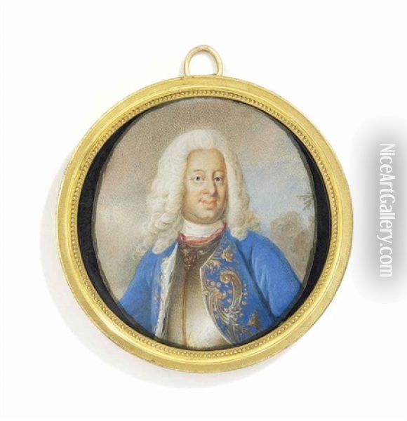 Frederick I (1676-1751), King Of Sweden, In Gilt-edged Silver Breastplate, Gold Embroidered Blue Coat With Ermine Lining, Long Powdered Curling Wig; Landscape Background Oil Painting - Niclas Lafrensen the Elder