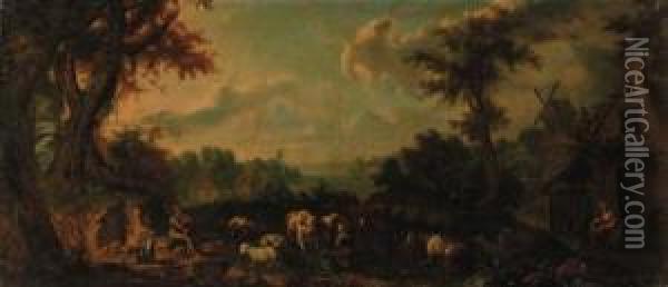 A Milkmaid With Cattle And Sheep
 In An Extensive Wooded Riverlandscape; And Figures With Cattle, Sheep 
And Goats Before Acottage Oil Painting - Giuseppe Gambarini
