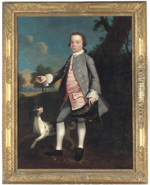 Portrait Of A Young Boy In A Silver Coat And Pink Waistcoat, Holding A Tricorn In His Left Hand, A Spaniel Beside Him, In A Landscape Oil Painting - Christopher Steele