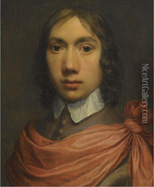 Portrait Of A Young Man, Head 
And Shoulders In A Brown Coat With Awhite Collar And A Red Sash Oil Painting - Jan De Bray