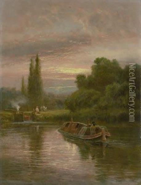 Flusslauf Mit Schleuse In Abenddammerung Oil Painting - Robert Gallon