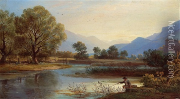 Angler Am Fluss, Im Hintergrund Schloss Tratzberg B. Schwaz Im Inntal Oil Painting - Josef Arnold the Elder