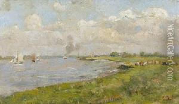 Flussuferpartie Mit Weidenden Kuhen Und Segelbooten Oil Painting - Ernest Rocher