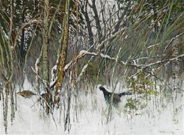 Two Pheasants On The Fringe Of The Forest, Winter Oil Painting - Konstantin Semionovich Vysotsky
