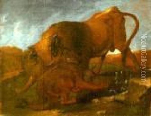 A Bull Engaged In Battle With Two Wolves Oil Painting - Philipp Peter Roos