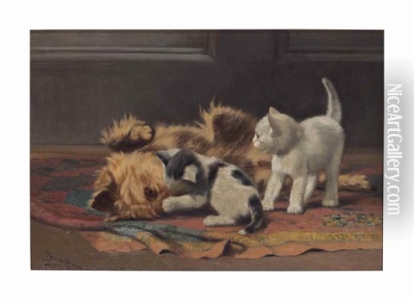Playful Terrier And Kittens Oil Painting - John Henry Dolph