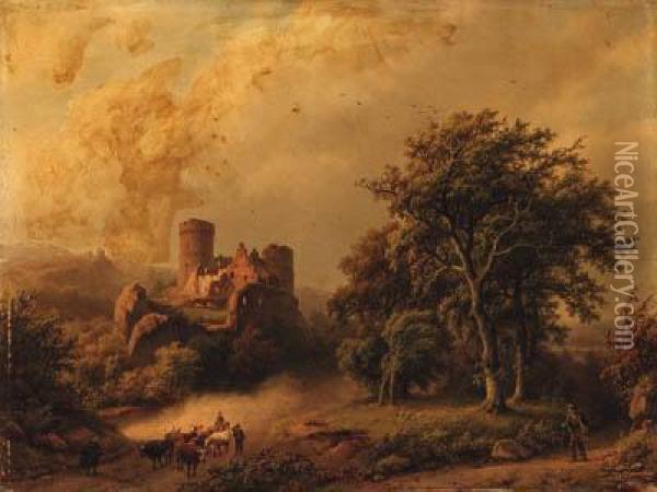 Figures And Cattle On A Path In Wooded Landscape With A Castlebeyond Oil Painting - Barend Cornelis Koekkoek