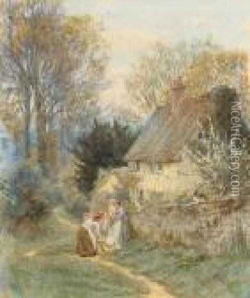 A Basket Woman With Henry Allingham And His Nanny, Elizabeth Haddon Oil Painting - Helen Mary Elizabeth Allingham
