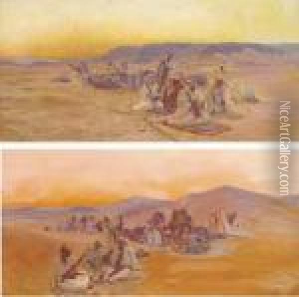 At The Oasis: And At Prayer Oil Painting - Otto Pilny
