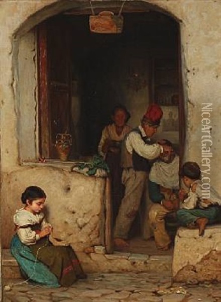 A View Into A Barbershop On Capri Oil Painting - Michael George Brennan