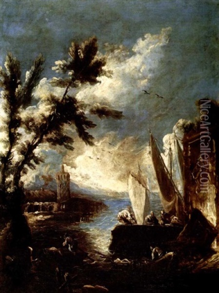 Hafen (+ Ruinenlandschaft Mit Figuren, Pair) Oil Painting - Alessandro Magnasco
