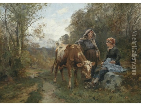 Two Country Women And A Cow In A Woodland Landscape Oil Painting - Emile Charles Dameron
