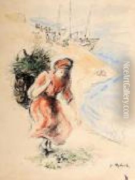 Woman Carrying A Basket On Her Back At The Sea Shore Oil Painting - Issachar ber Ryback