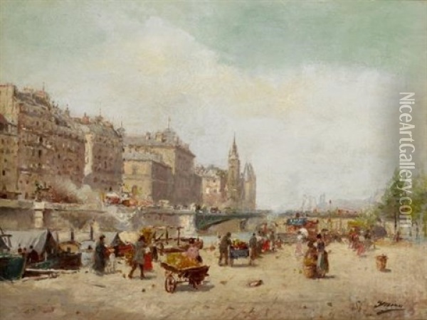 Market Day On The Seine, La Conciergerie In The Distance Oil Painting - Joaquin Miro