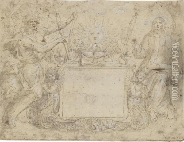 Christ And St John The Baptist 
Standing Either Side Of An Altar, With The Sun Rising Behind: A Design 
For A Title Page Oil Painting - Maarten de Vos