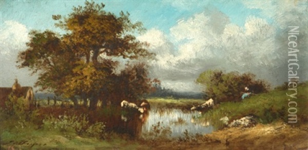 Teichlandschaft Mit Hirtin Und Kuhen Oil Painting - Jules Dupre