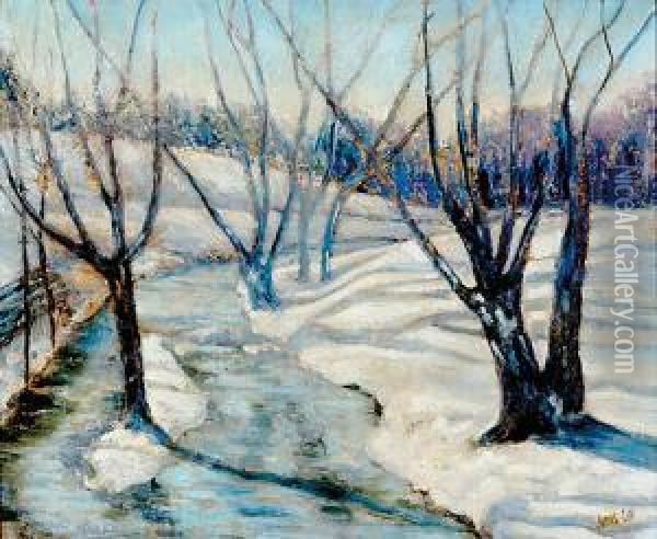 Winter Stream Oil Painting - Jonas Lie
