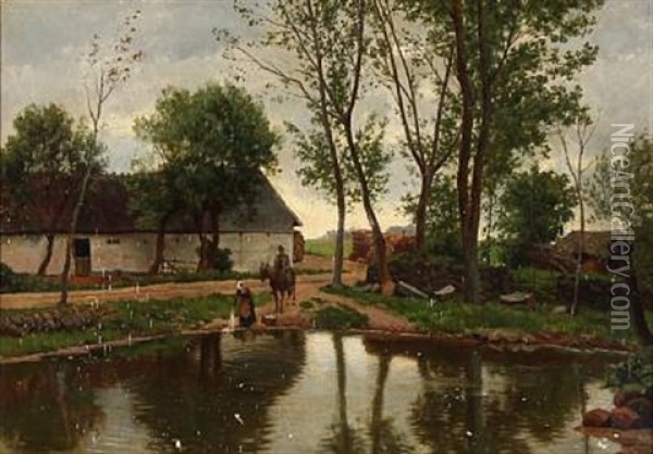 A Washerwoman And A Gentleman On Horseback At A Lake In Front Of A Farm Oil Painting - August Fischer