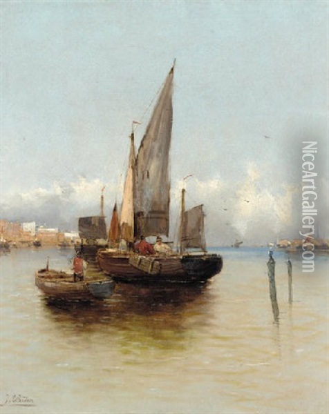 Fishing Boats By A Port Oil Painting - Georg Fischhof