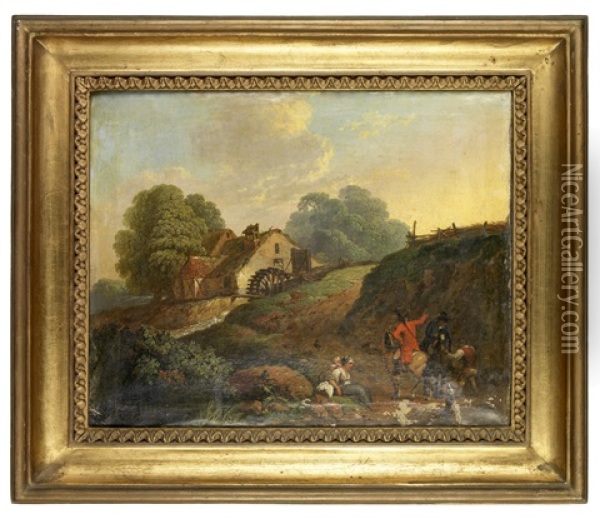 Landschaft Mit Figuraler Staffage (2 Works) Oil Painting - Johann Ludwig Giesel