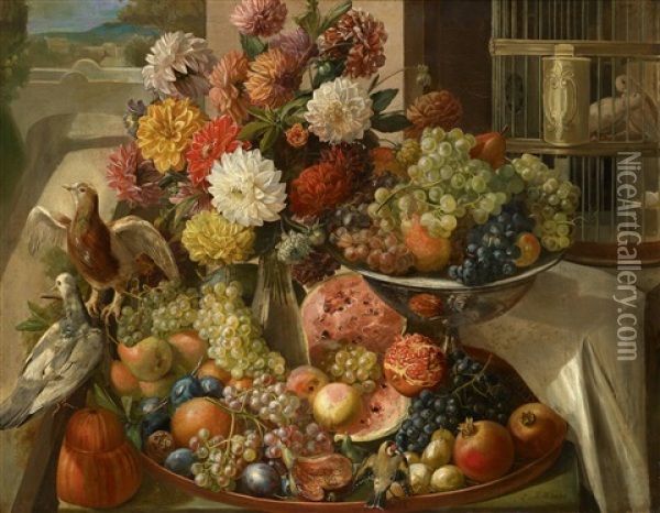 Blumen Und Fruchtestuck Mit Taubenkafig Oil Painting - Leopold von Stoll