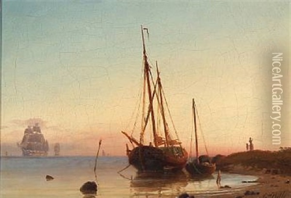 Coastal Scene With Sailing Boats At Sunrise Oil Painting - Carl Ludwig Bille