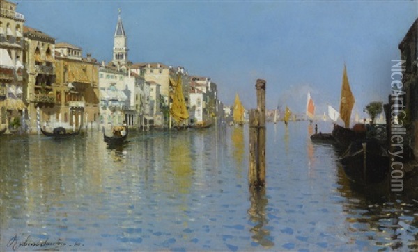 View Across The Grand Canal From Dorsoduro With The Bell Tower Of San Marco Oil Painting - Rubens Santoro