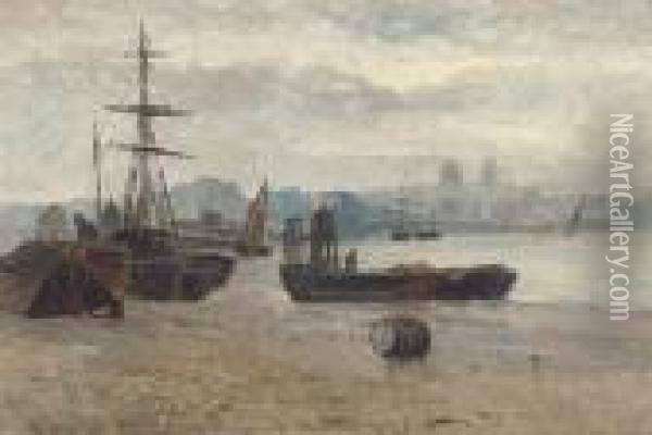 Beached Ships With A Townscape In The Distance Oil Painting - Gustave de Breanski