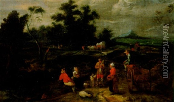 Landskap Med Figurer Och Hastekipage Oil Painting - Matheus van Helmont